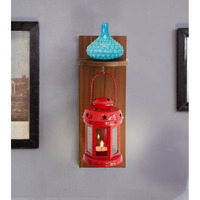 Tied Ribbons Wall Hanging Wood Shelf with Metal Lantern Candle Holder for Home Bedroom Livin Room Balcony Decoration
