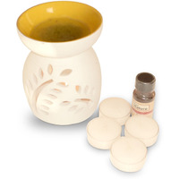 Pure Source India Ceramic Aroma with top Bowl Yellow Color Burner and 10 ML Sandalwood Aroma Oil Plus 4 Tea Light Candle