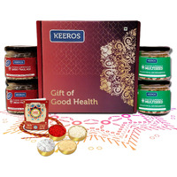 Keeros Healthy Rakhi Sweets Gift Box with Roli Moli Chandan Tikka Chawal Mishri |Combo of 2 varieties of Tasty & Nutritious Dry Fruits Mixed Snacks in Glass Jars packed in a Premium Gift Hamper