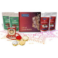 Keeros Healthy Rakhi Sweets Gift Hamper with Roli Moli Chandan Tikka Chawal Mishri |Combo of 2 varieties of Tasty & Nutritious Dry Fruits Mixed Snack Packs in a Premium Gift Hamper for Brother