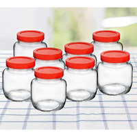 Feelopie Aahar Jar with Red Lid for Lentils, Food, Pickles, Spices, Sweets, Snacks, Rice, Kitchen Storage (250ml, Set Of 8)