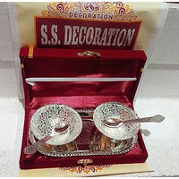 Ss Decoration Best Return Gift German Silver Bowl Set With Tray And Spoon With Velvet Box Pack Used For Diwali Gifting Dry Fruit, Sweets And Home Decor - 5.3 L