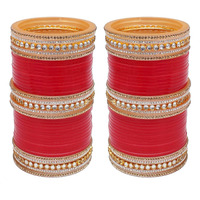 Lucky Jewellery Bridal Bangle Set Red Designer White Kundan & Golden Stone Chuda Fashion Punjabi Choora Wedding Chura For Women (1584-G1C1-1005-R28)