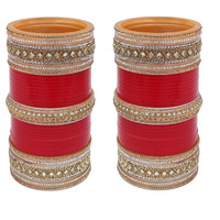 Lucky Jewellery Bridal Bangle Set Red Punjabi Chura White Kundan & Golden Stone Choora Wedding Chuda For Women (1584-G1C1-1009-R28)
