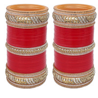 Lucky Jewellery Bridal Bangle Set Red Dulhan Golden & White Stone Chura Designer Fashion Choora Punjabi Wedding Chuda For Women (1650-G1C1-1010-R26)