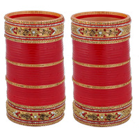 Lucky Jewellery Bridal Bangle Set Wedding punjabi chuda Designer chura Golden White & Red Stone Chura Set for Women(594-G1C1-JM251-R28)