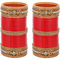 Lucky Jewellery Bridal Bangle Set Red Designer Chura Wedding Punjabi Choora Fashion Jewellery Chuda Set (766-M1C1-743-R24)