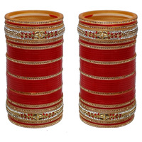 Lucky Jewellery Bridal Bangle Set Golden & White Stone Red Color Chura Designer choora Punjabi Wedding Chuda Set for Women (908-M1C1-BHUMI-R22)