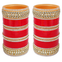 Lucky Jewellery Bridal Bangle Set Designer Golden White & Red Stone Chuda, Wedding punjabi Choora Fashion Chura Set for Women (957-G1C1-JM311-R24)