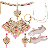 Lucky Jewellery Wedding Designer Pink Color Gold Plated Dulhan Choker Bridal Set with sheeshpatti for Girls & Women (2475-L1ZS-KD124-PK)