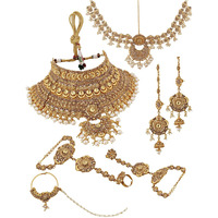 Lucky Jewellery Ethnic Copper Finish Bridal Alloy Gold Plated Golden Color Pearl Dulhan Shadi Jewellery Set 7 pcs. for Girls & Women (3630-G2ZR-175SM-LCT)
