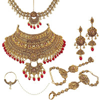 Lucky Jewellery Ethnic Copper Finish Bridal Alloy Gold Plated Magenta Color Pearl Dulhan Shadi Jewellery Set 7 pcs. for Girls & Women (3630-G2ZR-175SM-LCT-R)