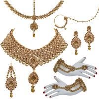 Lucky Jewellery Bridal Dulhan Designer 18k Gold Plated Gold Color Pearl Stone Set 8 pcs. for Women & Girls (3630-IZS-1611SM-LCT)