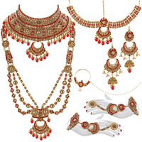 Lucky Jewellery Bridal Golden LCT Red Color Alloy Gold Plated Wedding Jewellery Set For Girls & Women (3960-P3ZR-252-LCT-RED)