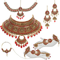 Lucky Jewellery Bridal Golden LCT Red Color Alloy Gold Plated Wedding Jewellery Set For Girls & Women (3960-P3ZR-259SM-LCT-RED)