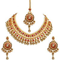 Lucky Jewellery Designer Golden Red Color Gold Plated Pearl and Stone Necklace Set for Girls & Women (727-ISS-819-G-LCT-RED)