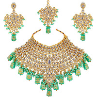 Lucky Jewellery Traditional 18k Gold Plated Designer Blue Color Dulhan Choker Kundan Bridal Set