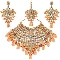 Lucky Jewellery Traditional 18k Gold Plated Designer Peach Color Dulhan Choker Kundan Bridal Set (2380-L1SK-KD124-PH)