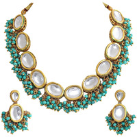 Lucky Jewellery 18K Gold Plated Firozi Color Kundan Stone/Uncut Kundan/Dibbi Kundan/Meena Kundan/Lucknow Kundan Necklace Set for Girls & Women (1000-J5SK-1607-F)