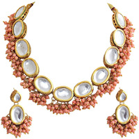 Lucky Jewellery 18K Gold Plated Peach Color Kundan Stone/Uncut Kundan/Dibbi Kundan/Meena Kundan/Lucknow Kundan Necklace Set for Girls & Women (1000-J5SK-1607-PH)