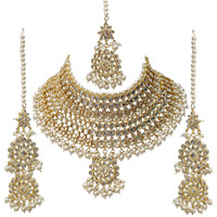 Lucky Jewellery Designer Gold Plating White Color Pearl with Kundan Choker Bridal Dulhan Necklace Set For Girls & Women (4200-QSK-580-W)
