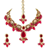 Lucky Jewellery Meenakari 18k Gold Plated Magenta Color Tika Earring Combo Uncut Big Faux Kundan Necklace set (911-J5SK-1817-R)