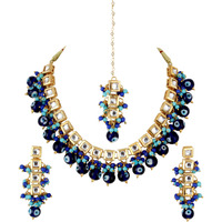 Lucky Jewellery Back Meenakari 18k Gold Plated Blue Color Tika Earring Combo Uncut Big Faux Kundan Choker Necklace set (990-J5SK-1664-EE)