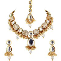 Lucky Jewellery Meenakari 18k Gold Plated Grey Color Tika Earring Combo Uncut Big Faux Kundan Choker Necklace set (911-J5SK-1817-GRW) For Women