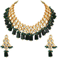 Lucky Jewellery Back Meenakari 18k Gold Plated Green Color Earring Combo Uncut Big Faux Kundan Choker Necklace set (974-J5SK-1782-G)