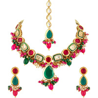 Lucky Jewellery Meenakari 18k Gold Plated Multi Color Tika Earring Combo Uncut Big Faux Kundan Choker Necklace set (911-J5SK-1817-RG)