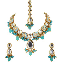 Lucky Jewellery Meenakari 18k Gold Plated Firozi Color Tika Earring Combo Uncut Big Faux Kundan Choker Necklace set (911-J5SK-1817-F)