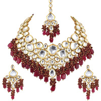 Lucky Jewellery 18K Gold Plated Maroon Color Kundan Uncut Dibbi Kundan with Monalisa Drop Bridal Set for Girls & Women (5910-M4SK-1574-M)