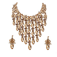 Lucky Jewellery Designer LCT Color Stone Rhine Stone Gold Plated Long Necklace Set with Earring for Girls & Women
