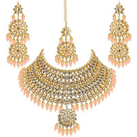 Lucky Jewellery Designer Gold Plating Light Peach Color Pearl with Kundan Choker Bridal Dulhan Necklace Set For Girls & Women (4200-QSK-580-LPH)