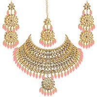 Lucky Jewellery Designer Gold Plating Peach Color Pearl with Kundan Choker Bridal Dulhan Necklace Set For Girls & Women (4200-QSK-580-PH)