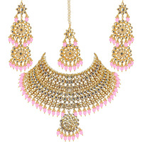 Lucky Jewellery Designer Gold Plating Pink Color Pearl with Kundan Choker Bridal Dulhan Necklace Set For Girls & Women (4200-QSK-580-PK)