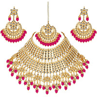 Lucky Jewellery Designer Gold Plating Magenta Color Pearl with Kundan Choker Bridal Necklace Set For Girls & Women (4200-QSK-564-R)