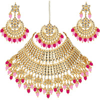 Lucky Jewellery Designer Gold Plating Pink and Magenta Color Pearl with Kundan Choker Bridal Necklace Set For Girls & Women (4200-QSK-564-PKR)