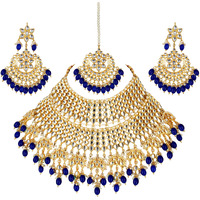 Lucky Jewellery Designer Gold Plating Blue Color Pearl with Kundan Choker Bridal Necklace Set For Girls & Women (4200-QSK-564-B)