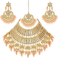 Lucky Jewellery Designer Gold Plating Light Peach Color Pearl with Kundan Choker Bridal Necklace Set For Girls & Women (4200-QSK-564-LPH)