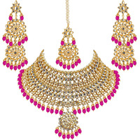 Lucky Jewellery Designer Gold Plating Magenta Color Pearl with Kundan Choker Bridal Dulhan Necklace Set For Girls & Women (4200-QSK-580-R)