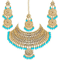 Lucky Jewellery Designer Gold Plating Firoji Color Pearl with Kundan Choker Bridal Dulhan Necklace Set For Girls & Women (4200-QSK-580-F)
