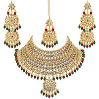 Lucky Jewellery Designer Gold Plating Maroon and Green Color Pearl with Kundan Choker Bridal Dulhan Necklace Set For Girls & Women (4200-QSK-580-MG)