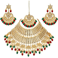Lucky Jewellery Designer Gold Plating Maroon and Green Color Pearl with Kundan Choker Bridal Necklace Set For Girls & Women (4200-QSK-564-MG)