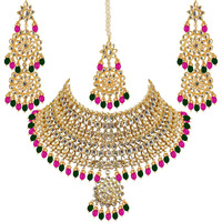 Lucky Jewellery Designer Gold Plating Magenta and Green Color Pearl with Kundan Choker Bridal Dulhan Necklace Set For Girls & Women (4200-QSK-580-RG)
