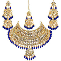 Lucky Jewellery Designer Gold Plating Blue Color Pearl with Kundan Choker Bridal Dulhan Necklace Set For Girls & Women (4200-QSK-580-B)