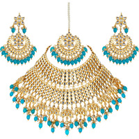 Lucky Jewellery Designer Gold Plating Firoji Color Pearl with Kundan Choker Bridal Necklace Set For Girls & Women (4200-QSK-564-F)