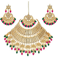 Lucky Jewellery Designer Gold Plating Magenta and Green Color Pearl with Kundan Choker Bridal Necklace Set For Girls & Women (4200-QSK-564-RG)