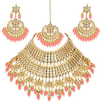 Lucky Jewellery Designer Gold Plating Peach Color Pearl with Kundan Choker Bridal Necklace Set For Girls & Women (4200-QSK-564-PH)