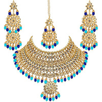 Lucky Jewellery Designer Gold Plating Firoji and Blue Color Pearl with Kundan Choker Bridal Dulhan Necklace Set For Girls & Women (4200-QSK-580-FB)